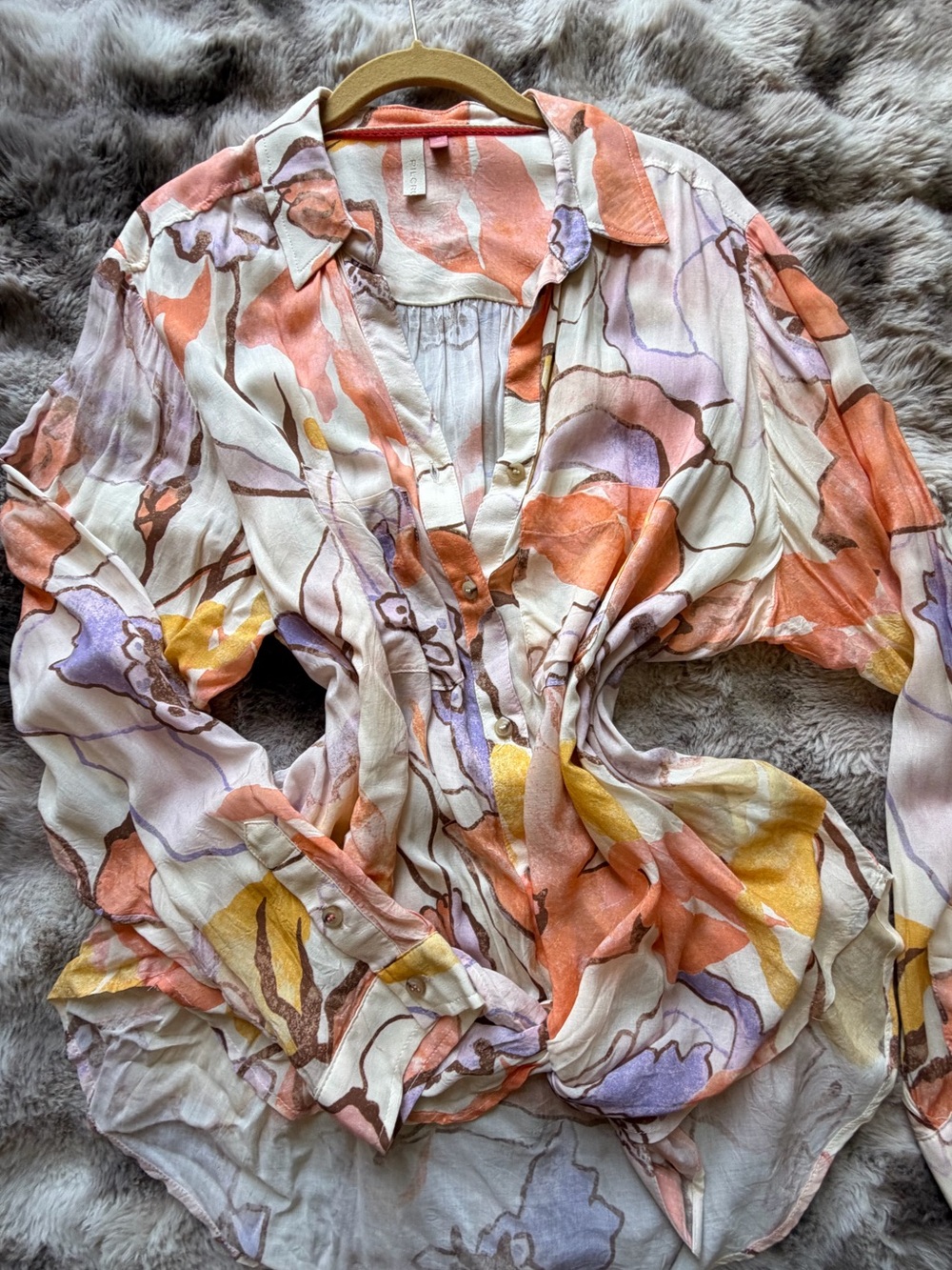 Pilcro Abstract Floral Button-Down Shirt — Cream with Coral, Lavender & Yellow